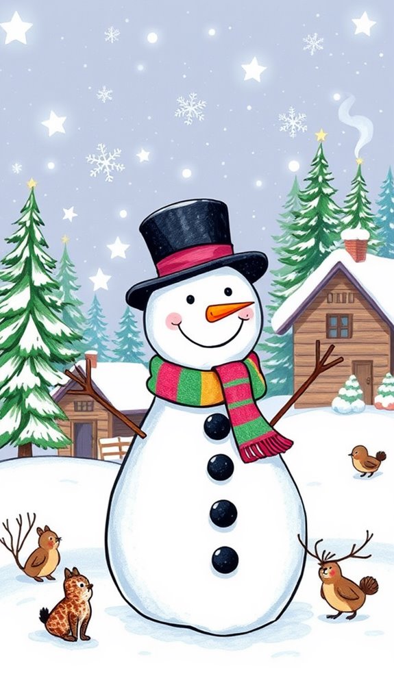 cheerful winter snowman art