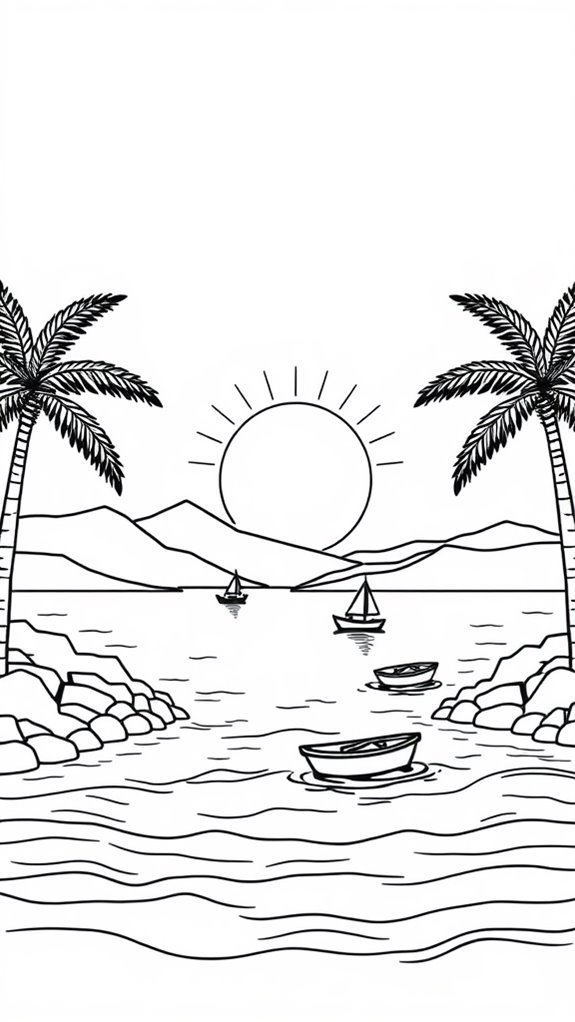 coloring page sunrise scene