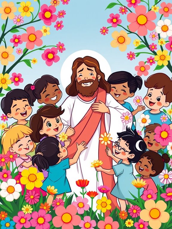 jesus with children and flowers