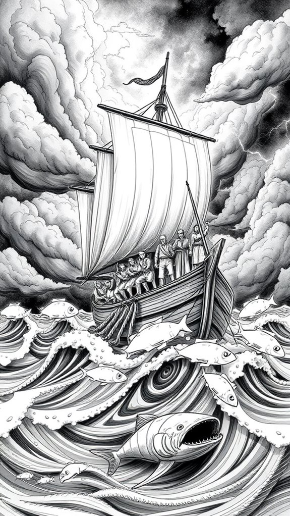 jonah s ship monochrome illustration