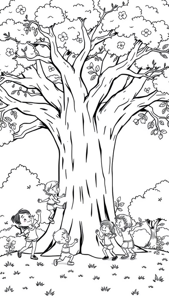 kids frolicking by tree