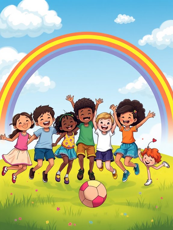 kids playing under rainbow