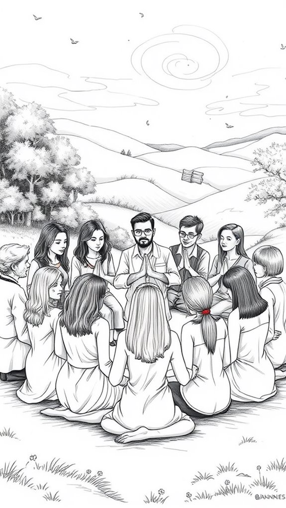 monochrome spiritual gathering illustration