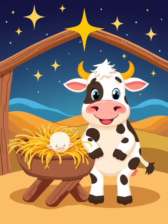 nativity scene cow illustration