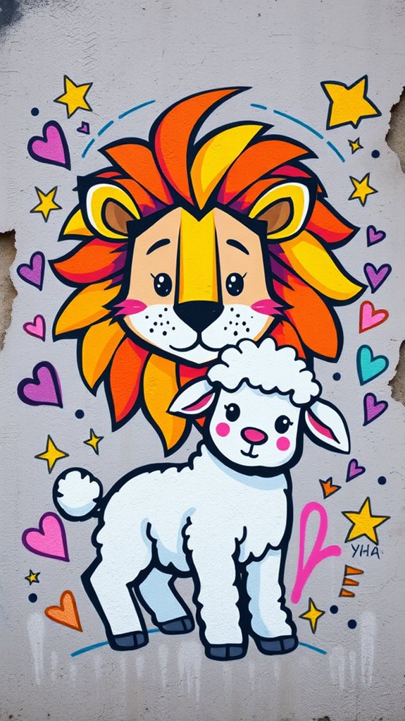 playful lion lamb graffiti