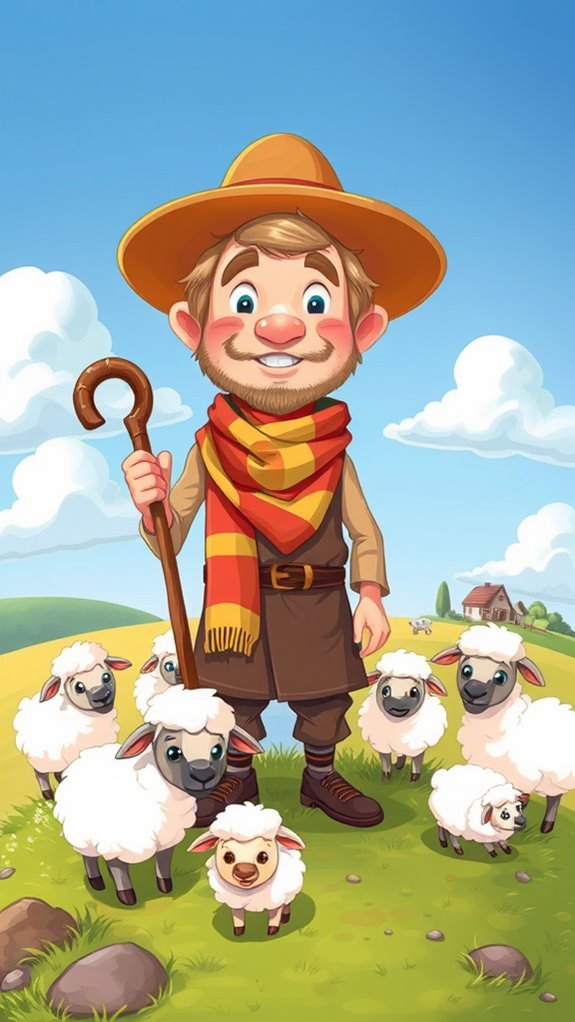 playful shepherd with sheep