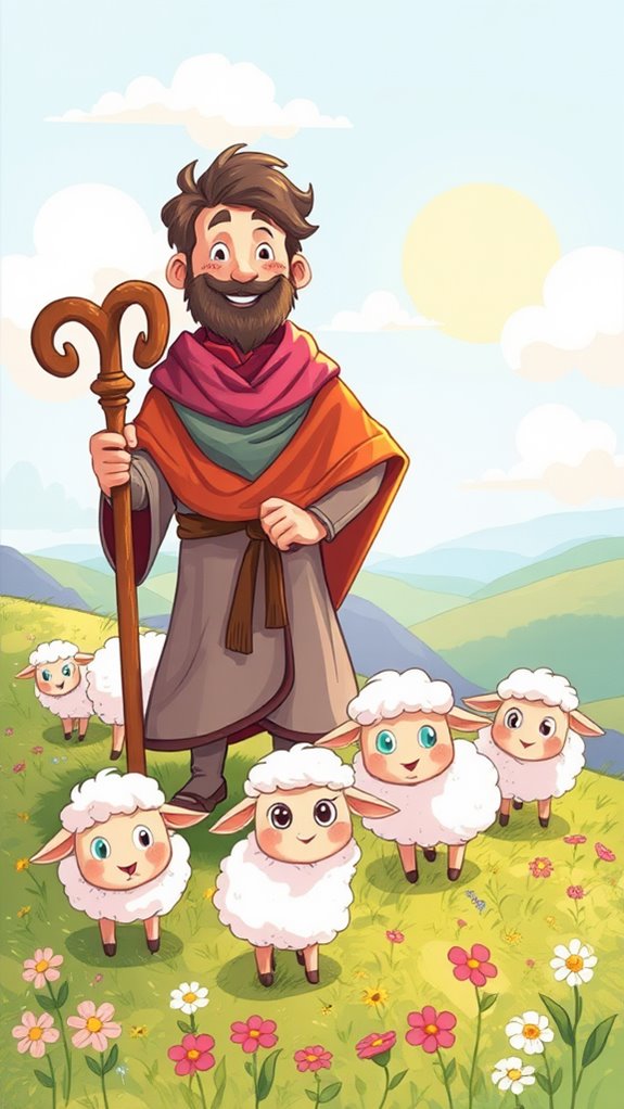 playful shepherd with sheep