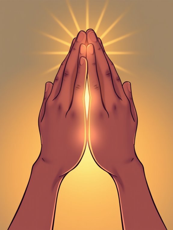 prayerful hands with light