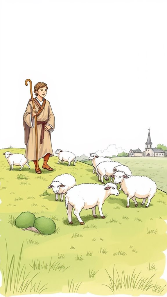 shepherd guiding grazing sheep