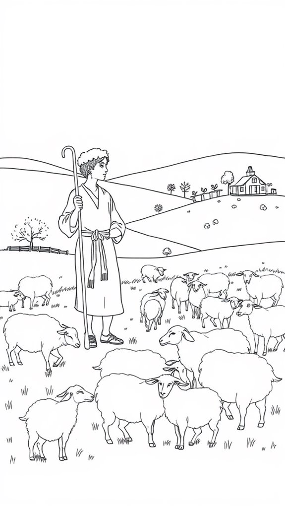 shepherd guiding grazing sheep