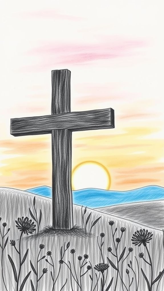 sunrise illuminating cross drawing