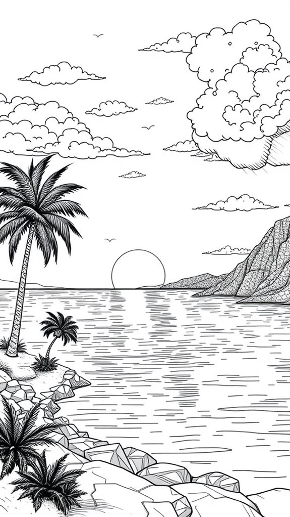 sunset coloring page scene