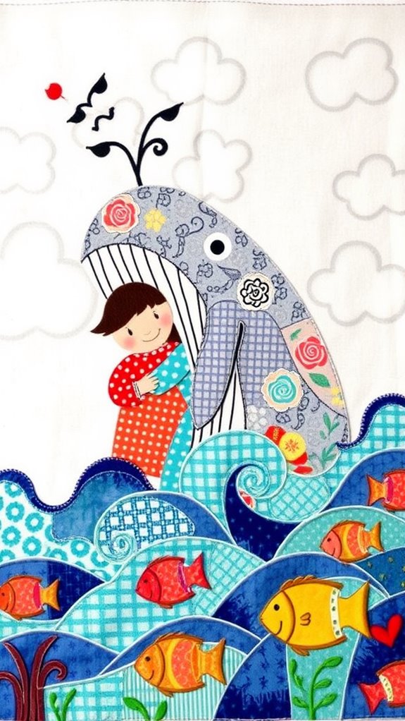 whale themed fabric artwork collage