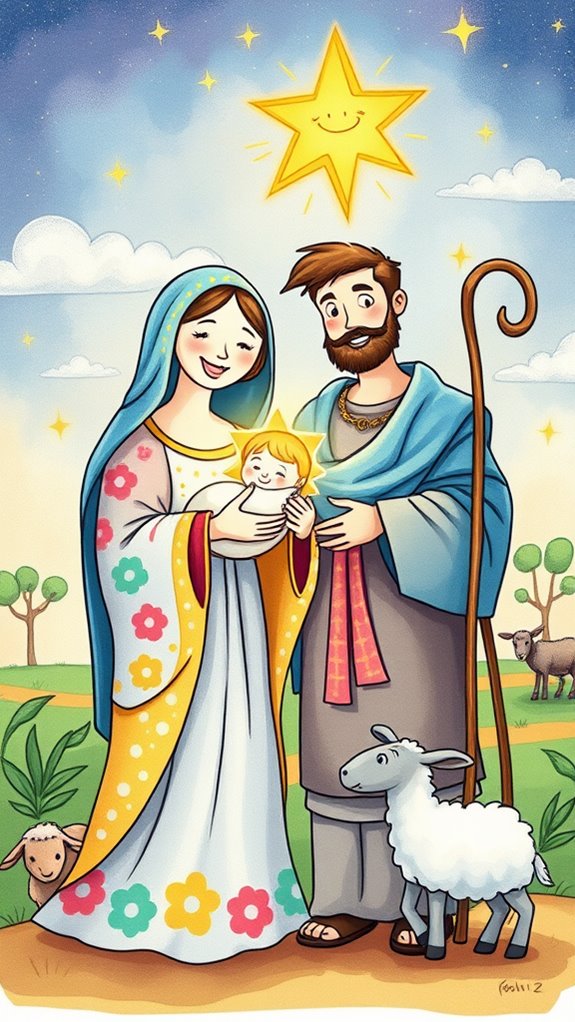 whimsical artwork of mary and joseph