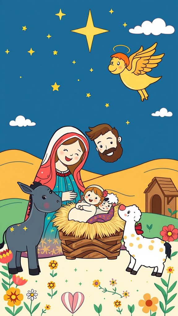 whimsical nativity scene illustration